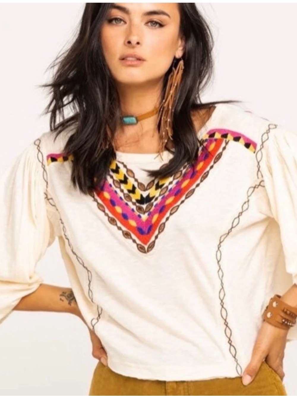 EUC Free People Cream Boho Embroidered V-Neck Tunic